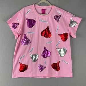 Queen of Sparkles Kiss Top T-Shirt Women Large Pink Sequin Kiss Me Queen Tee NEW